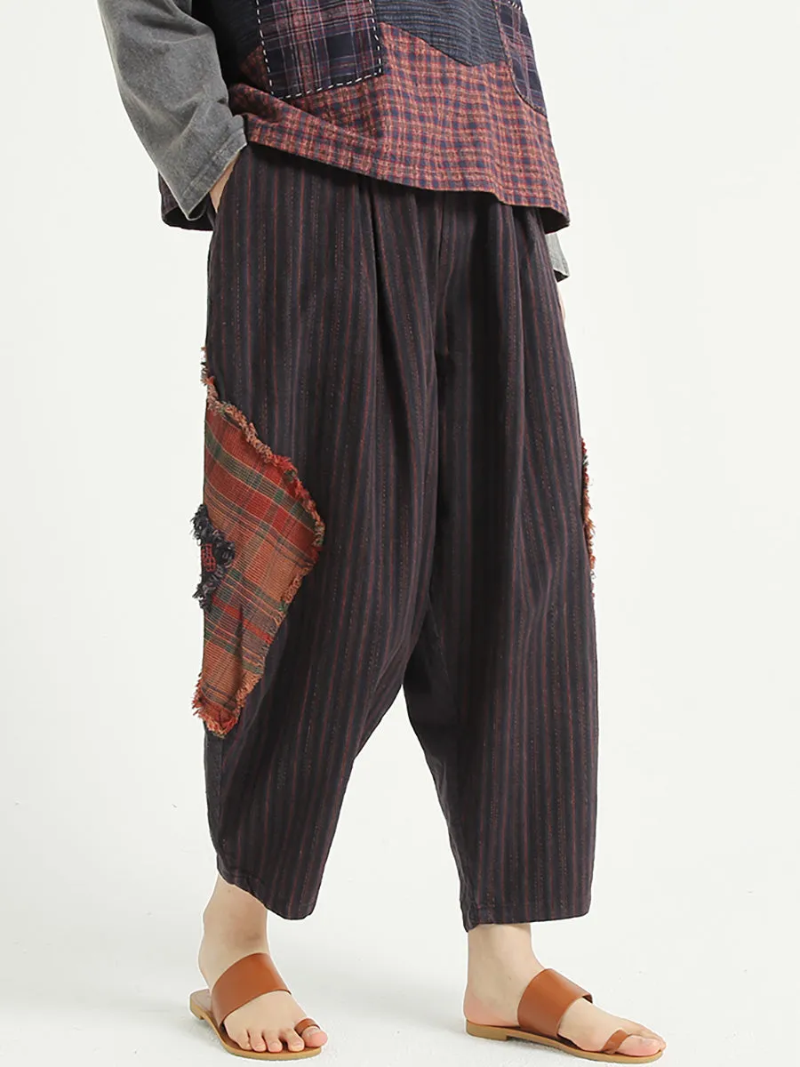 Plaid Patchwork Linen Loose Women Harem Pants