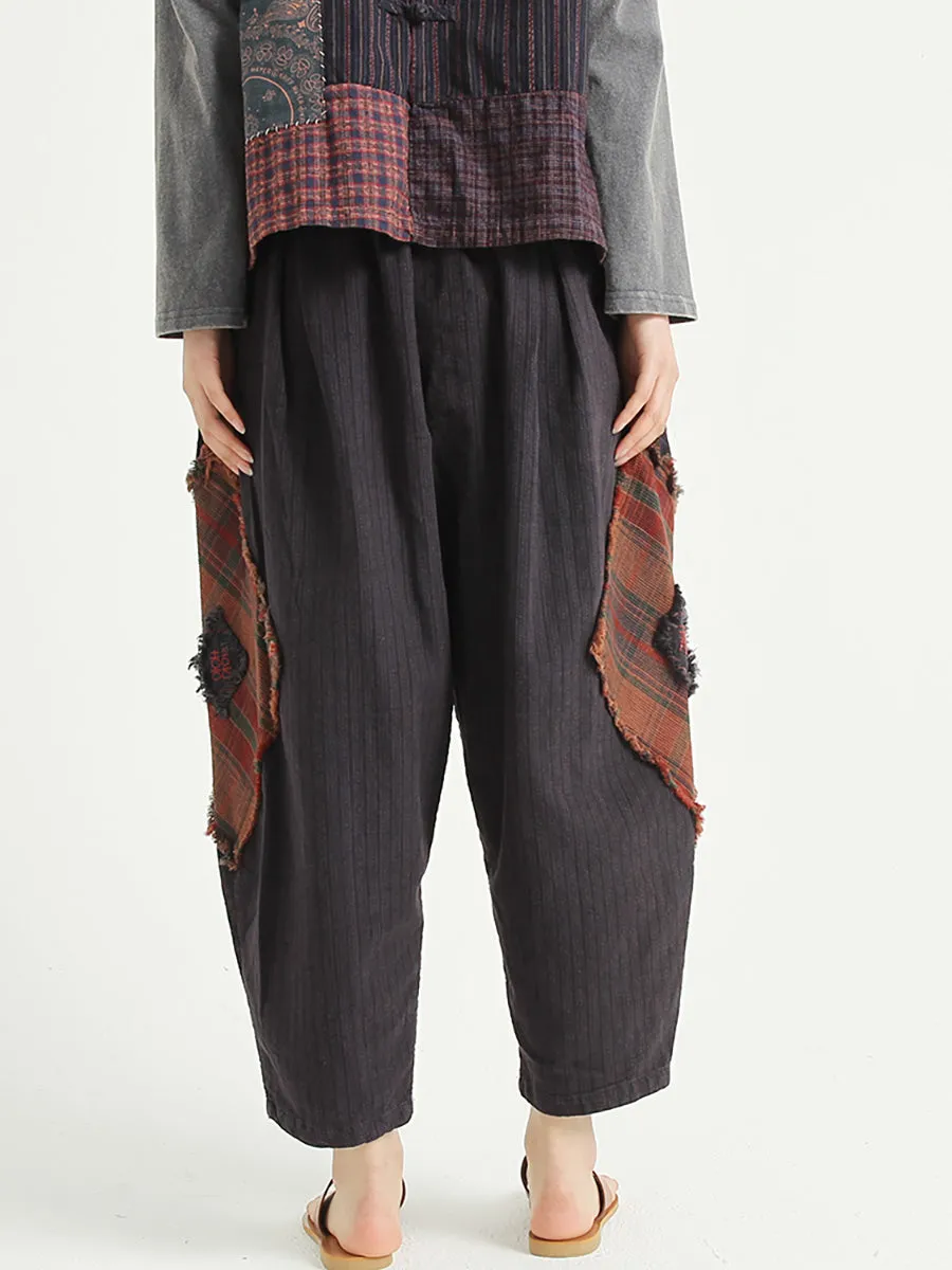 Plaid Patchwork Linen Loose Women Harem Pants