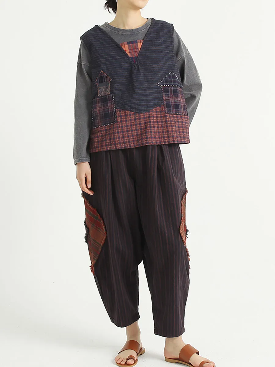 Plaid Patchwork Linen Loose Women Harem Pants