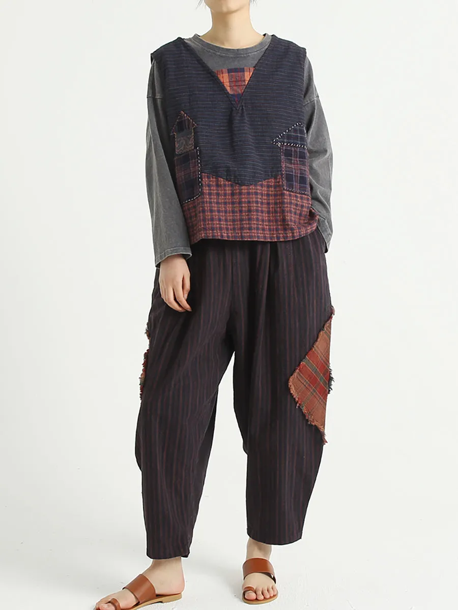 Plaid Patchwork Linen Loose Women Harem Pants
