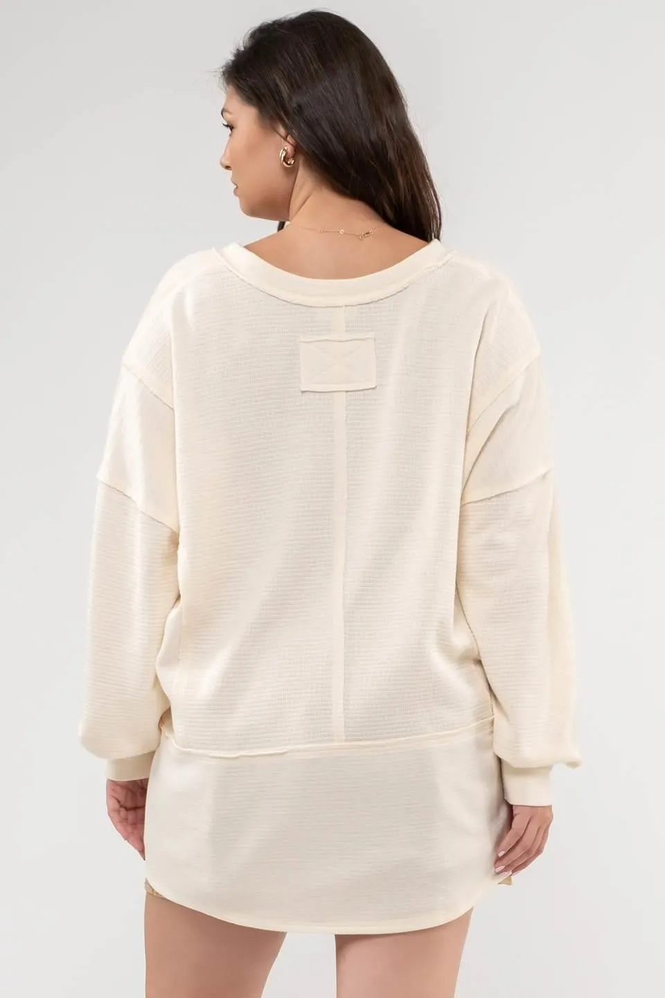 PLUS SOLID PATCHWORK SPLIT NECK KNIT TOP