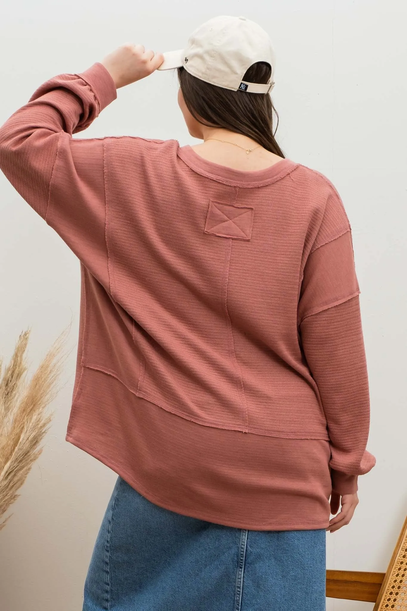 PLUS SOLID PATCHWORK SPLIT NECK KNIT TOP