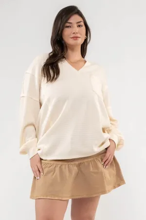 PLUS SOLID PATCHWORK SPLIT NECK KNIT TOP