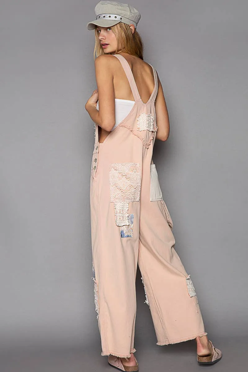 POL Salmon Pink Crochet patchwork detail casual denim overalls