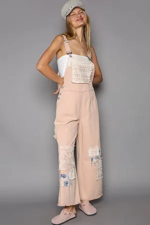 POL Salmon Pink Crochet patchwork detail casual denim overalls