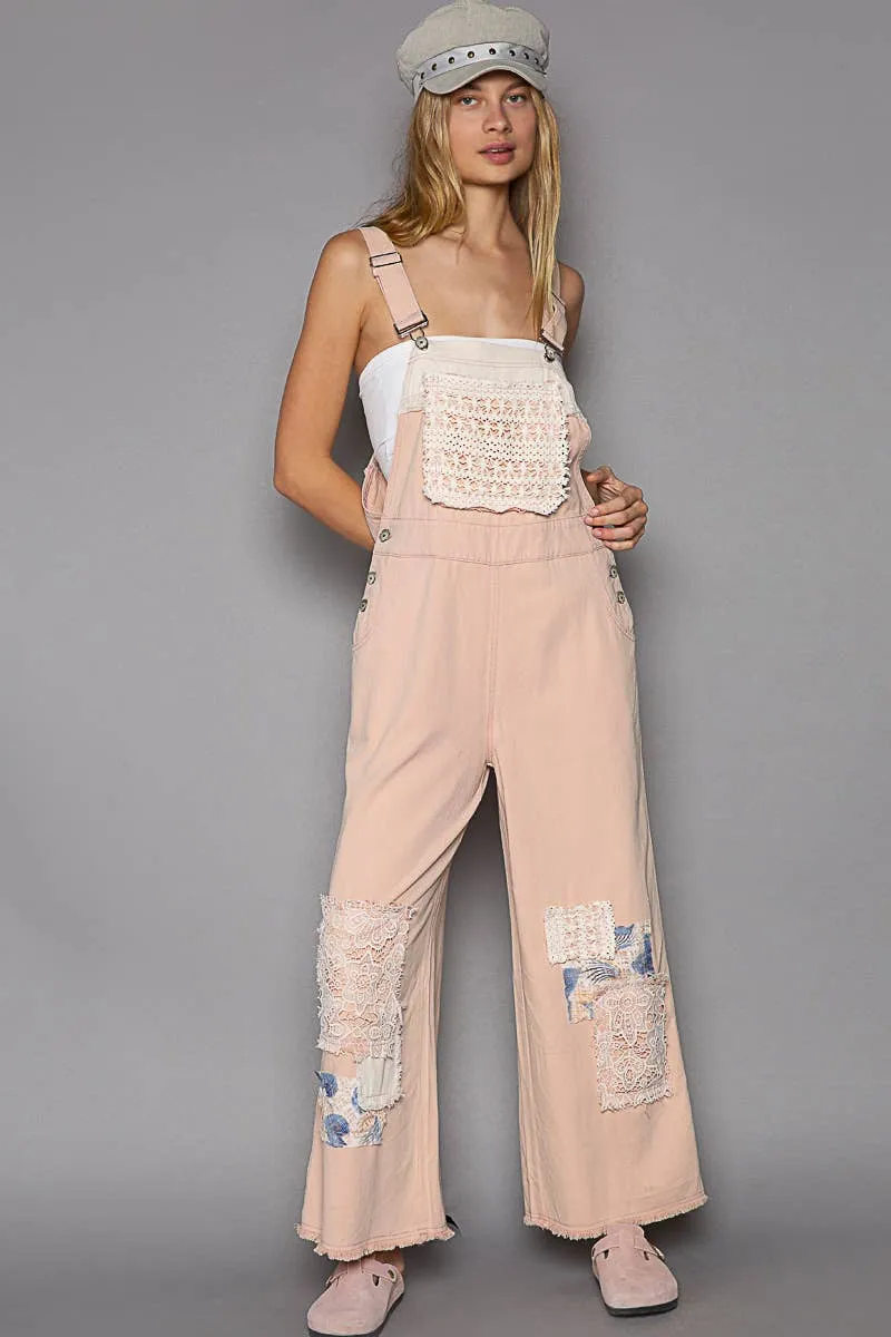 POL Salmon Pink Crochet patchwork detail casual denim overalls