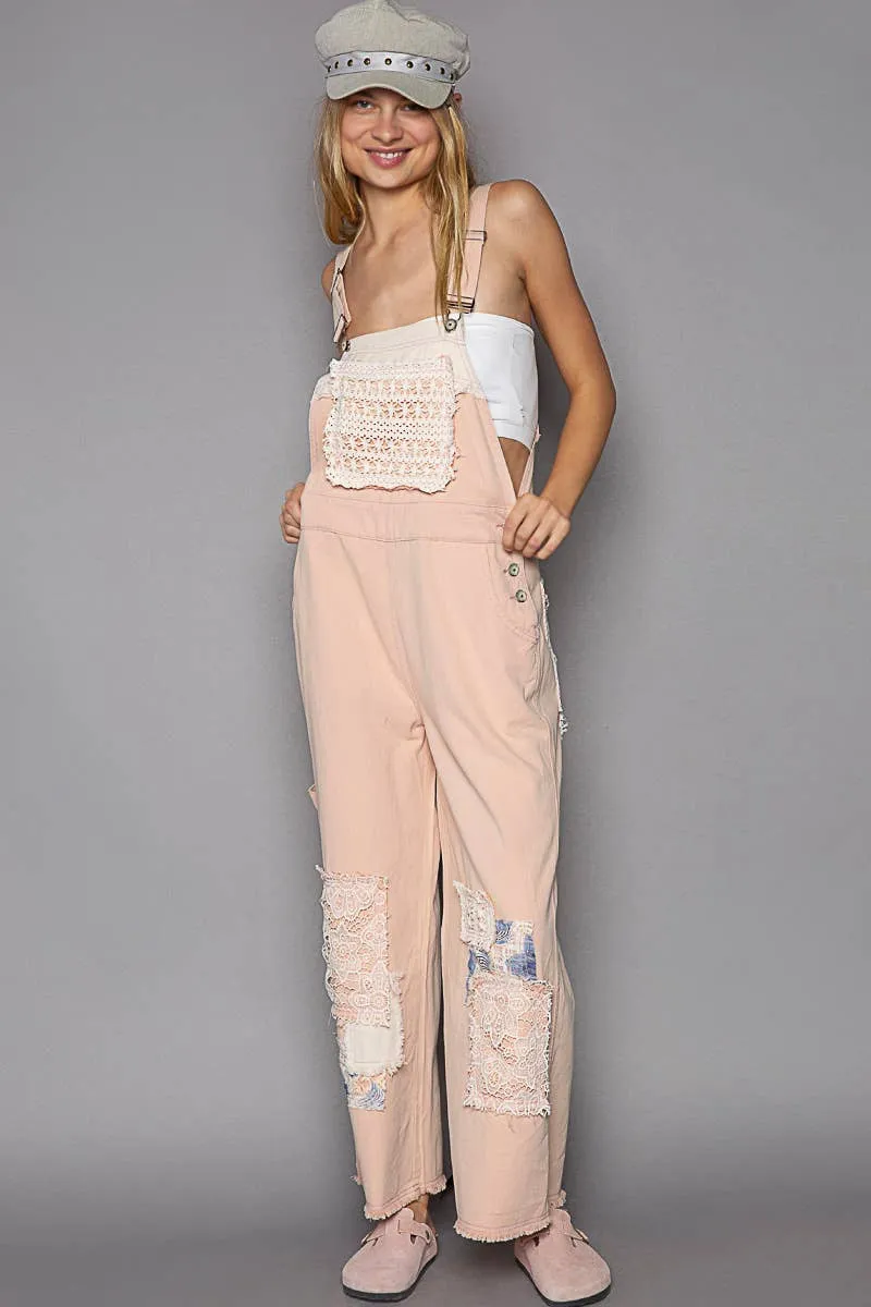 POL Salmon Pink Crochet patchwork detail casual denim overalls