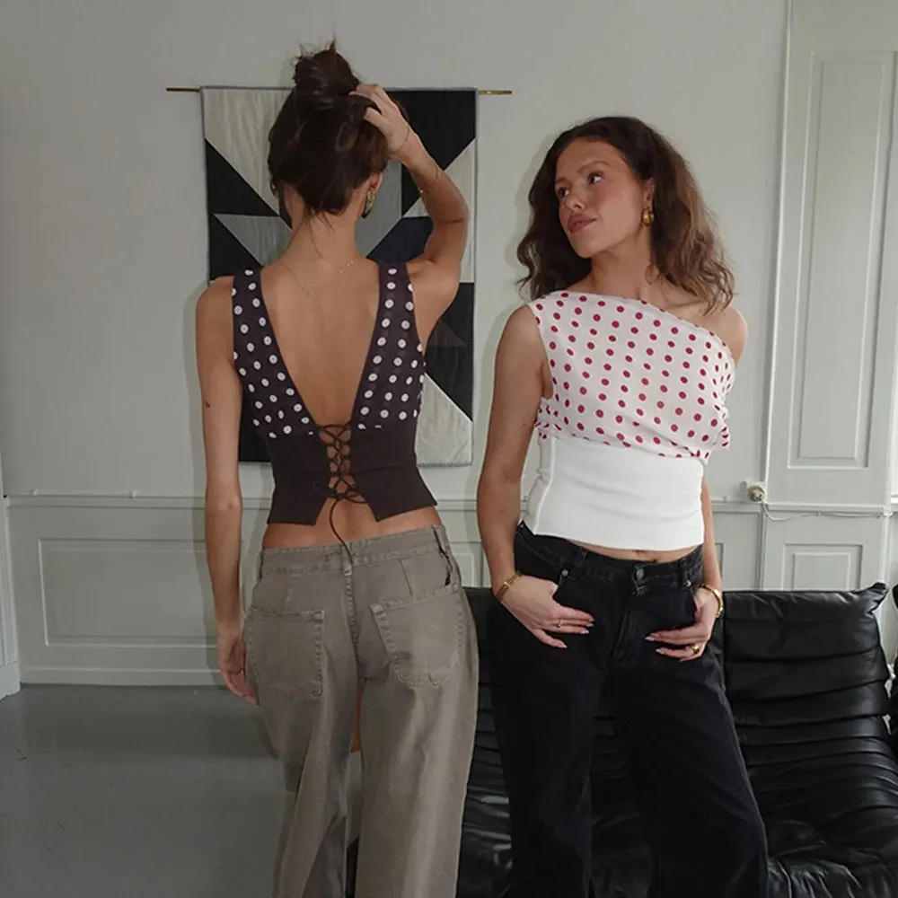 Polka Dots Print Oblique Shoulder Tops, Summer Patchwork Chiffon Women's Sleeveless Lace-up Backless Blouse, Casual Streetwear Tee