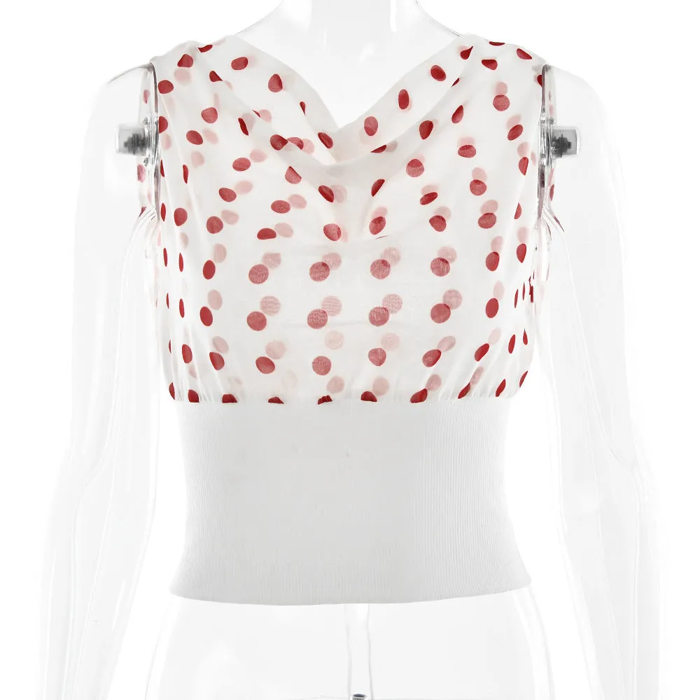 Polka Dots Print Oblique Shoulder Tops, Summer Patchwork Chiffon Women's Sleeveless Lace-up Backless Blouse, Casual Streetwear Tee