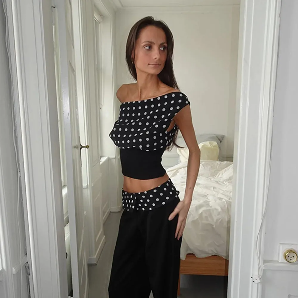 Polka Dots Print Oblique Shoulder Tops, Summer Patchwork Chiffon Women's Sleeveless Lace-up Backless Blouse, Casual Streetwear Tee