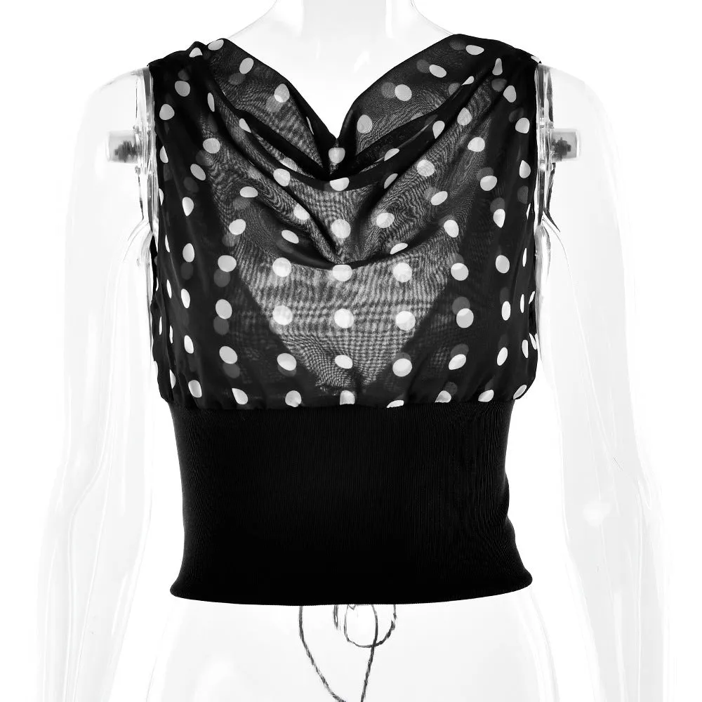 Polka Dots Print Oblique Shoulder Tops, Summer Patchwork Chiffon Women's Sleeveless Lace-up Backless Blouse, Casual Streetwear Tee