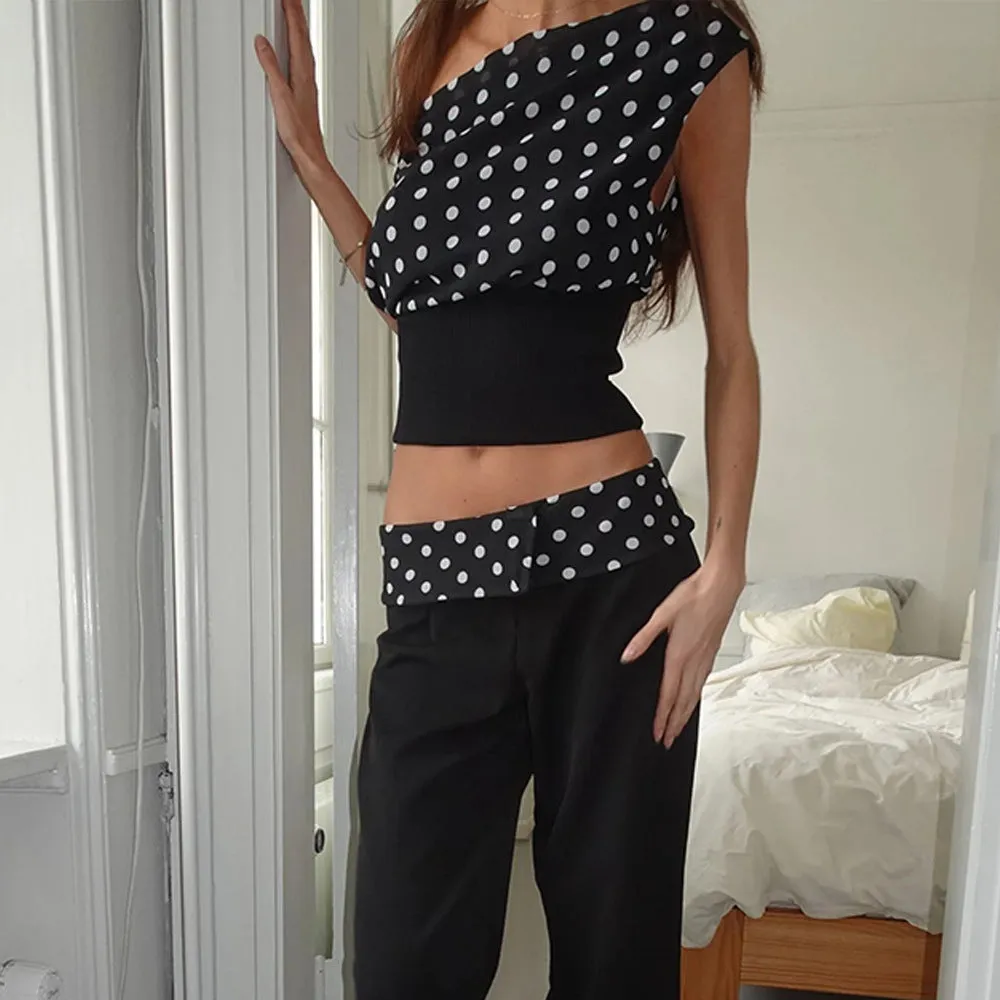 Polka Dots Print Oblique Shoulder Tops, Summer Patchwork Chiffon Women's Sleeveless Lace-up Backless Blouse, Casual Streetwear Tee