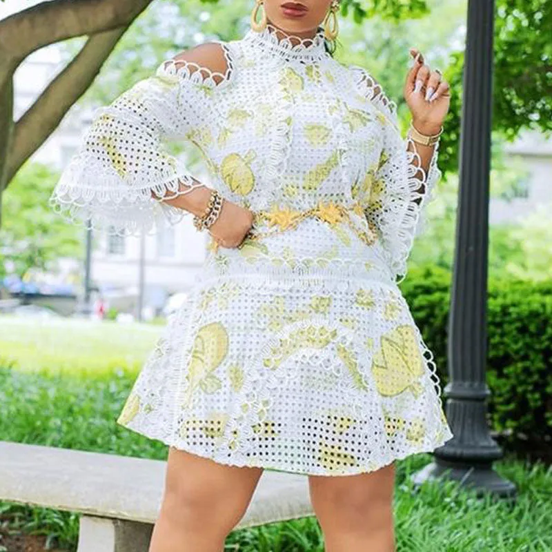 Print Cold Shoulder Long Sleeve Hollow Out A Line Dress