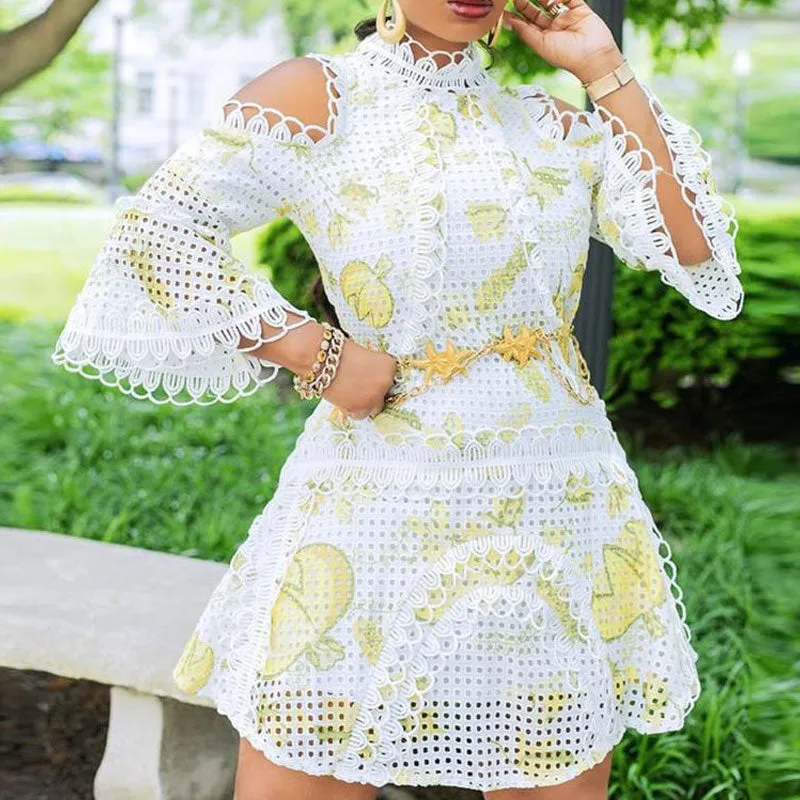 Print Cold Shoulder Long Sleeve Hollow Out A Line Dress