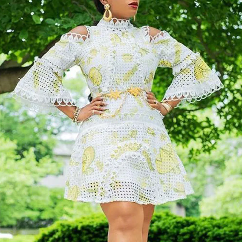 Print Cold Shoulder Long Sleeve Hollow Out A Line Dress