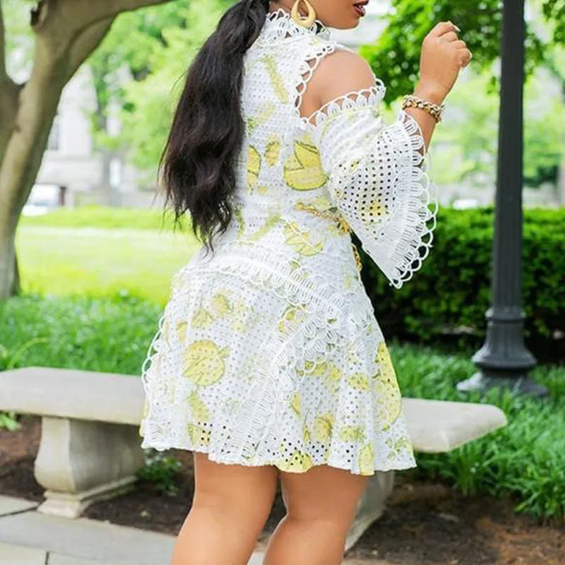 Print Cold Shoulder Long Sleeve Hollow Out A Line Dress