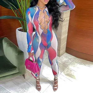 Print Long Sleeve Hollow Out Bandage Jumpsuit