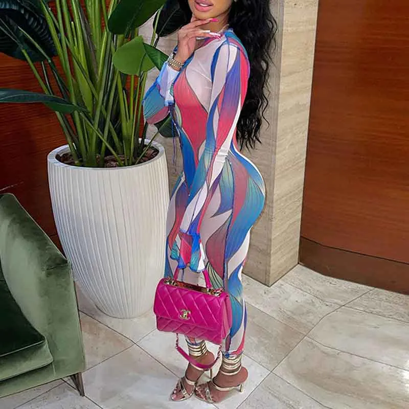 Print Long Sleeve Hollow Out Bandage Jumpsuit