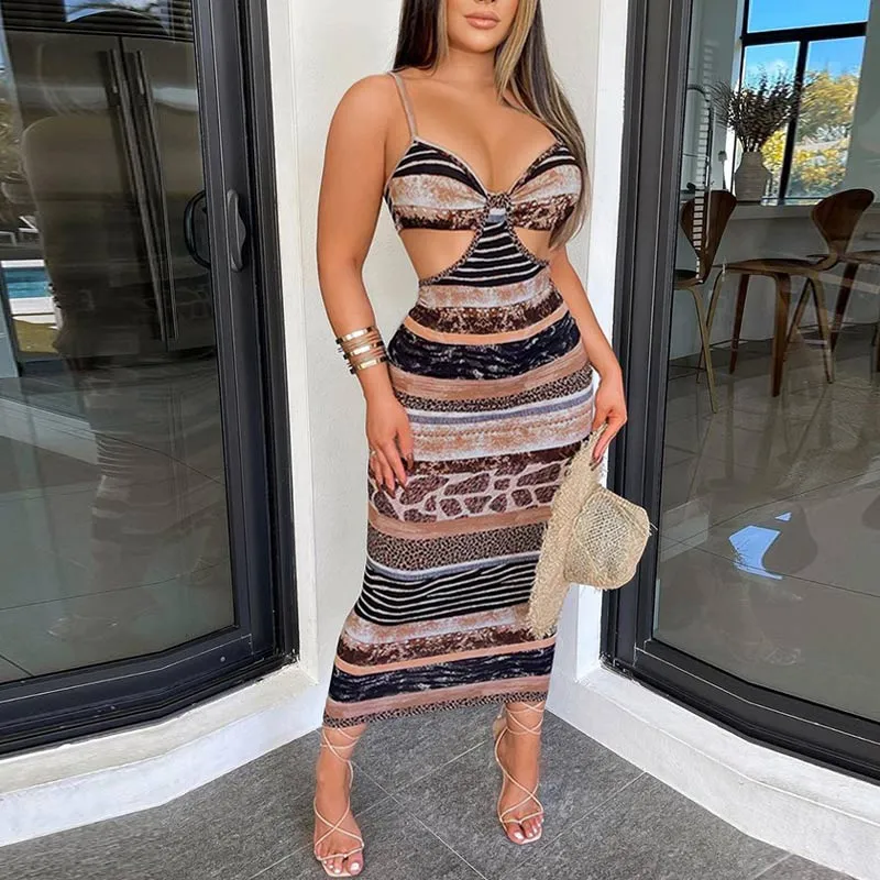 Print Sleeveless Hollow Out Maxi Dress