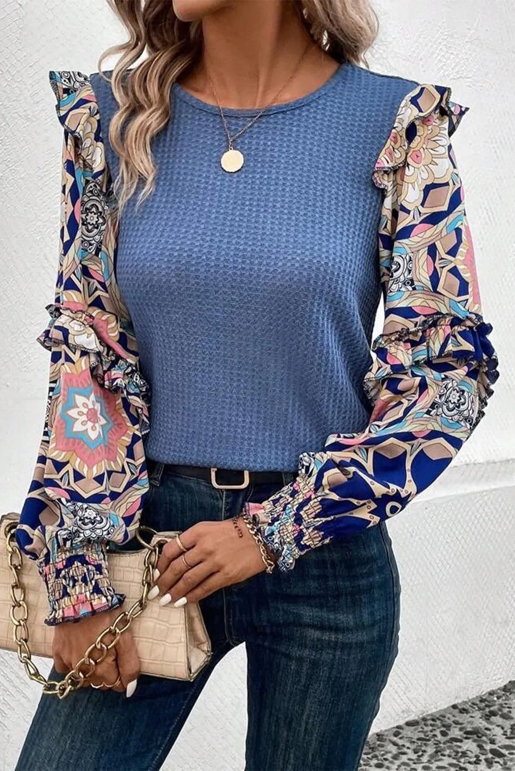 Procter Patchwork Waffle Knit Blouse - Blue