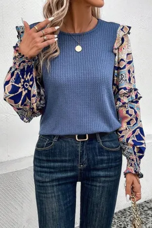 Procter Patchwork Waffle Knit Blouse - Blue