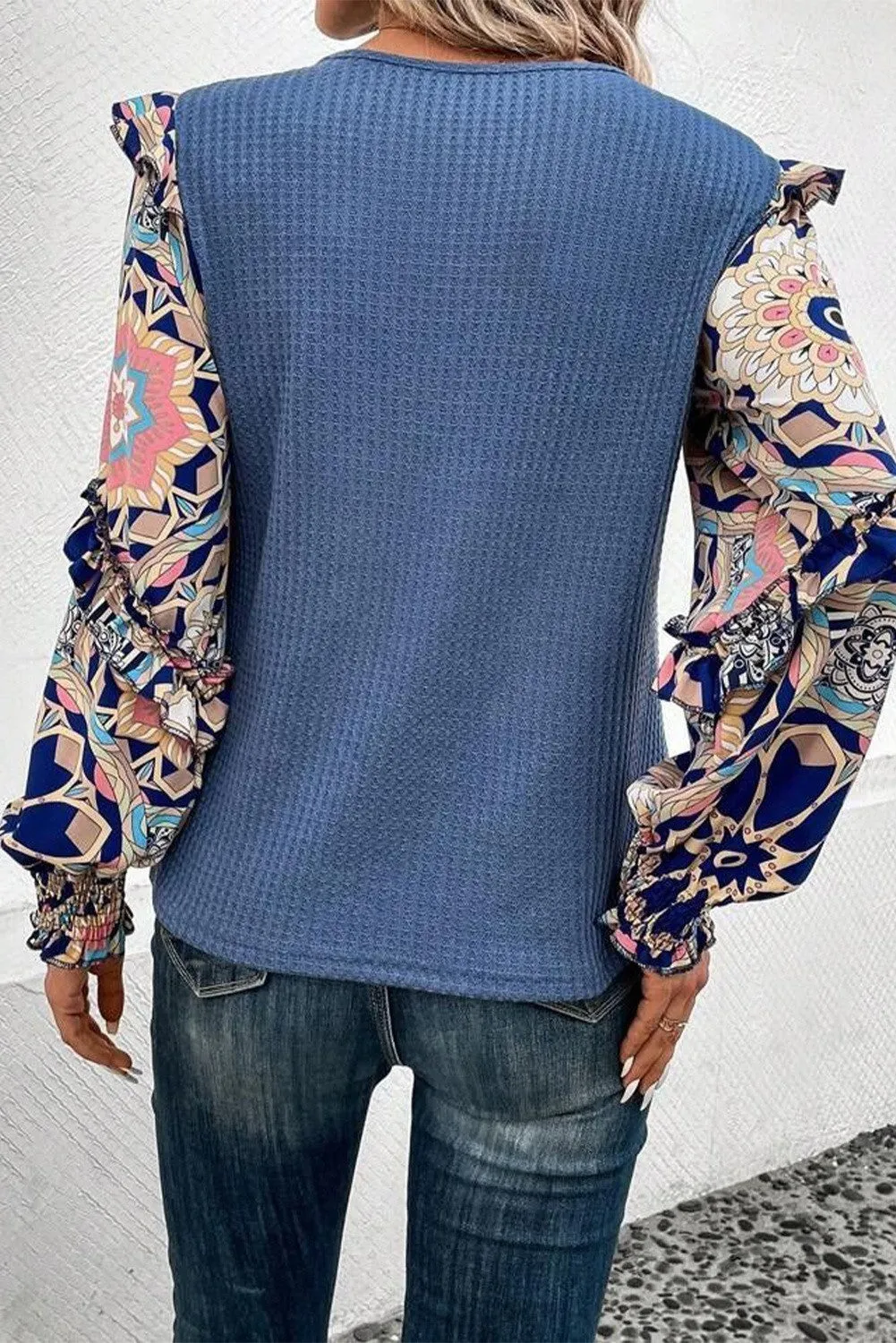 Procter Patchwork Waffle Knit Blouse - Blue