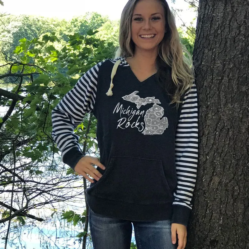"Michigan Rocks Petoskey Stone" Women's Striped Chalk Fleece Pullover Hood