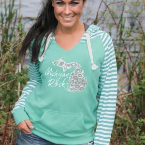 "Michigan Rocks Petoskey Stone" Women's Striped Chalk Fleece Pullover Hood