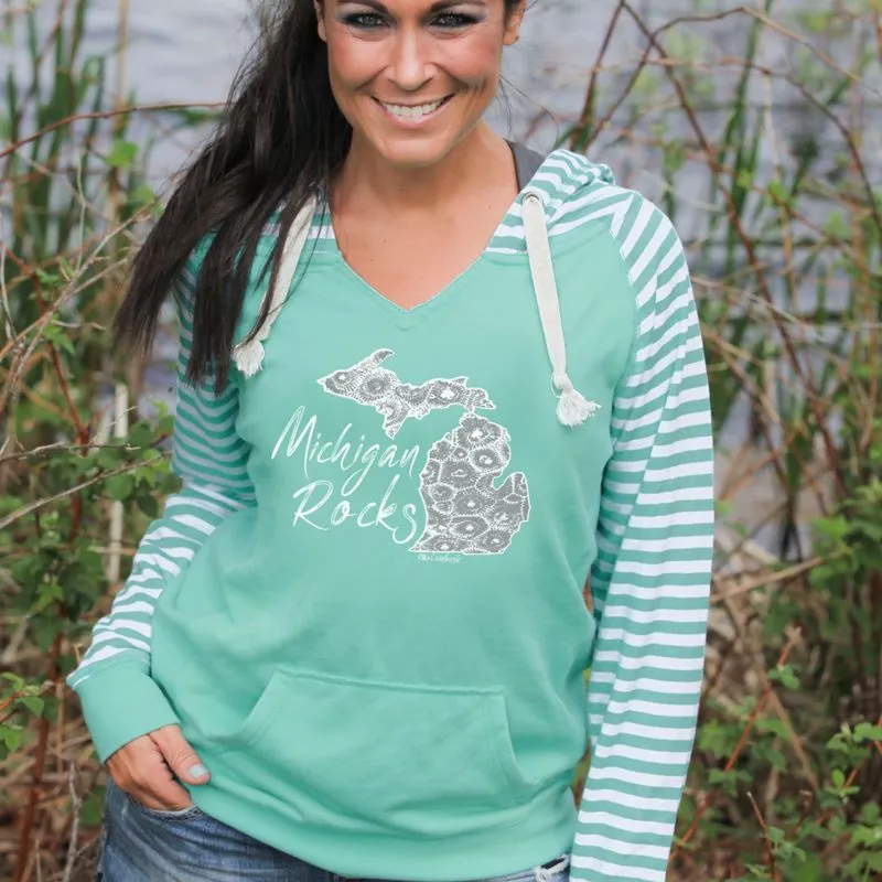 "Michigan Rocks Petoskey Stone" Women's Striped Chalk Fleece Pullover Hood