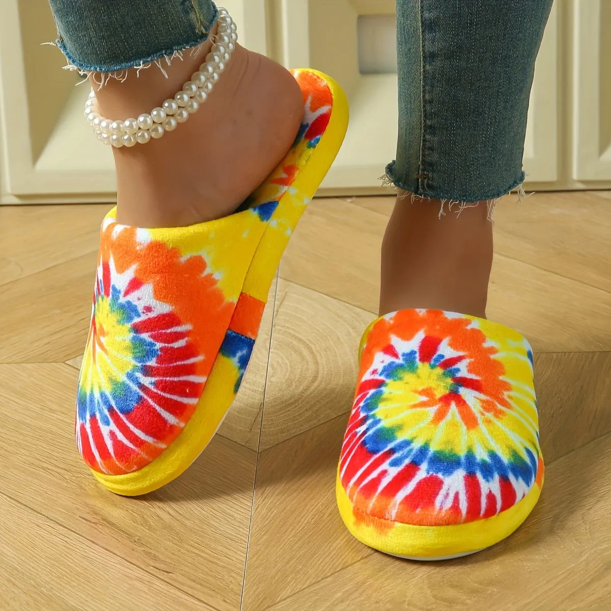 Rainbow Tie-Dye Cozy Slippers - Soft, Plush Lined, Round Toe, Mute Floor, Anti-Slip Sole, Warm, Fuzzy, Comfortable, Perfect for Winter, Indoor, Bedroom, Lounge Wear