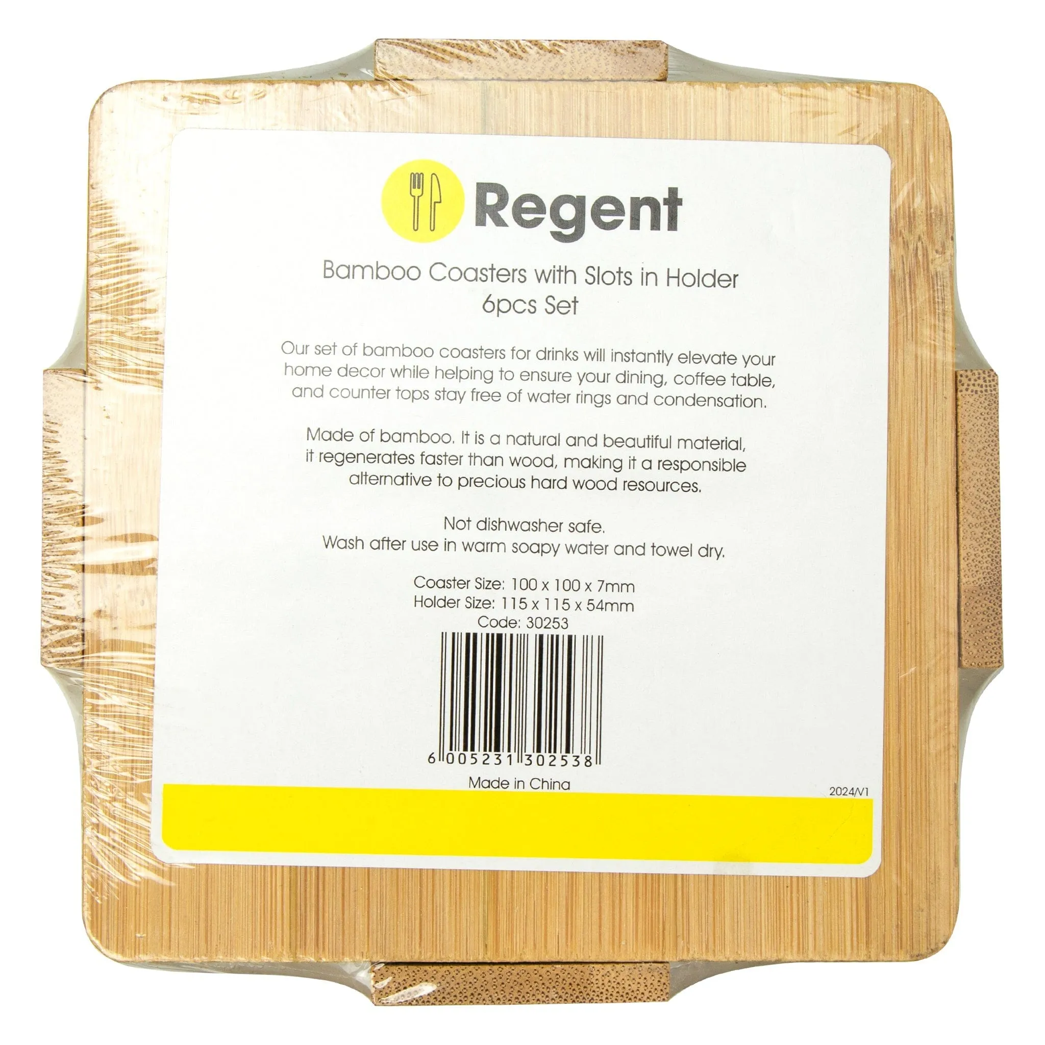 Regent Bamboo Square Coasters With Slots In Holder 6 Pcs Set 30253