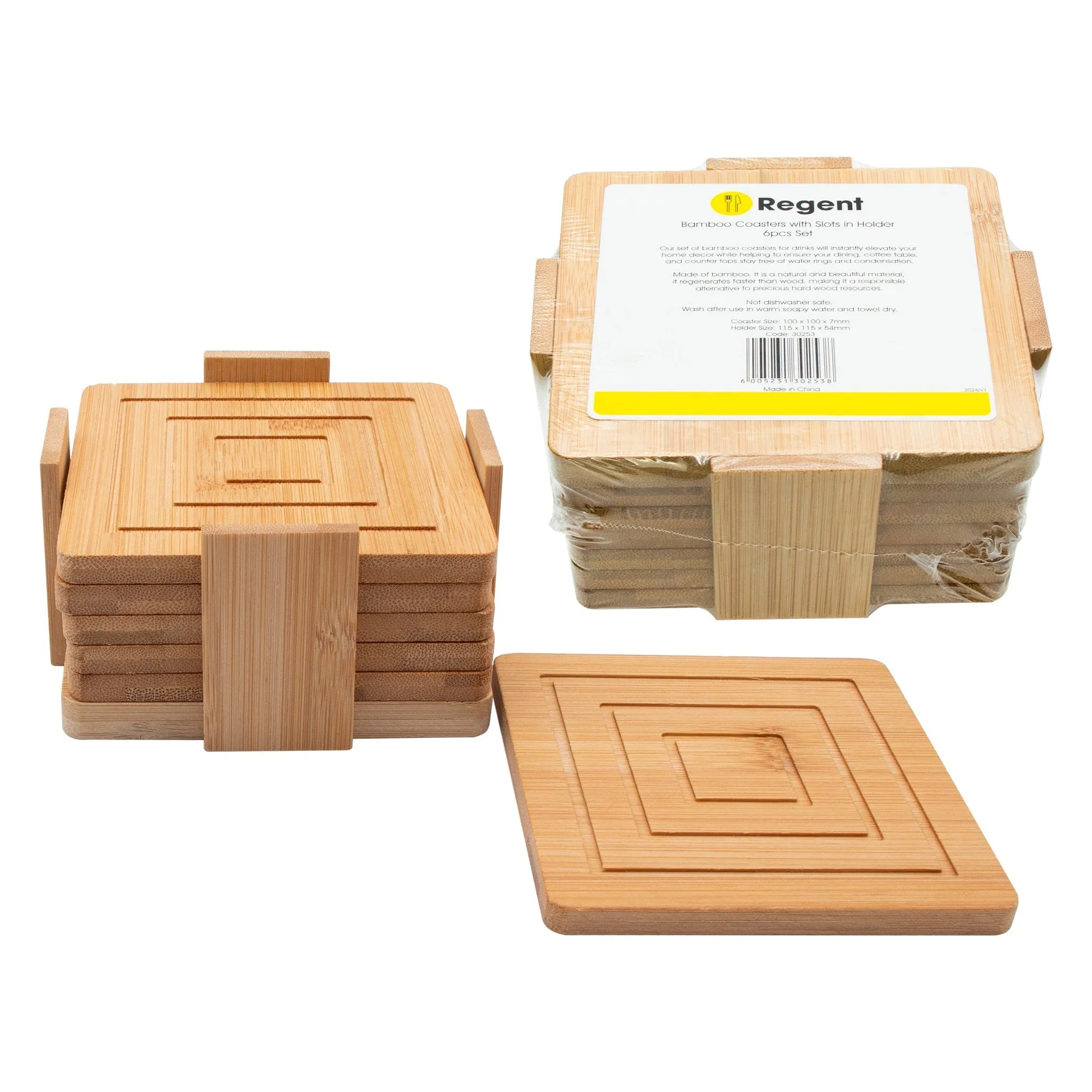 Regent Bamboo Square Coasters With Slots In Holder 6 Pcs Set 30253