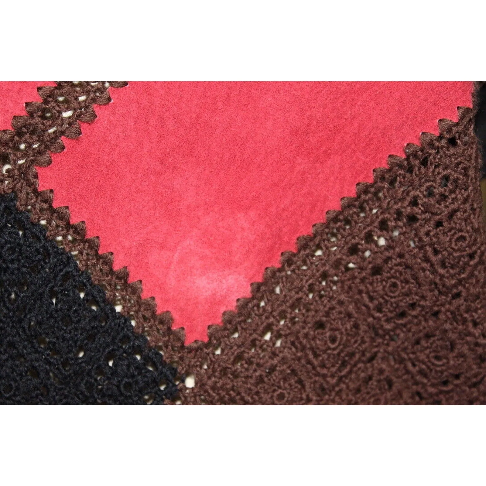 Retro VTG Suede Patchwork & Crochet Sweater Turtleneck Womens S/M Black Red Gold