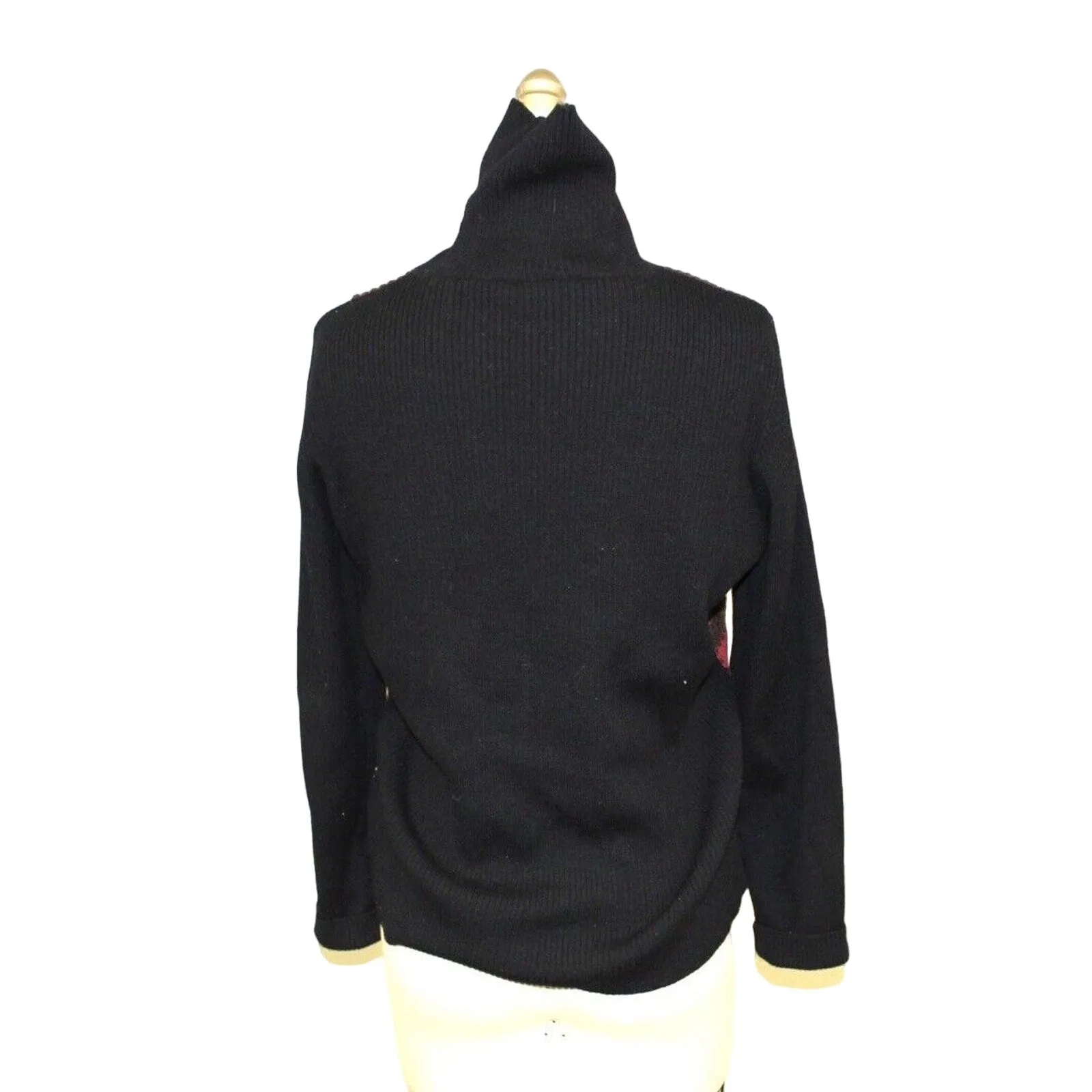 Retro VTG Suede Patchwork & Crochet Sweater Turtleneck Womens S/M Black Red Gold