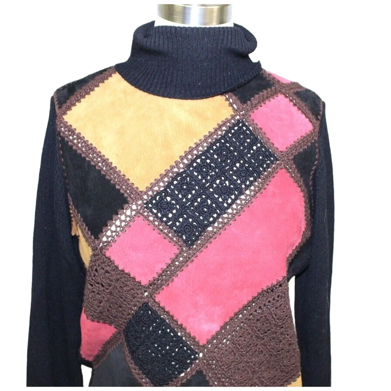 Retro VTG Suede Patchwork & Crochet Sweater Turtleneck Womens S/M Black Red Gold