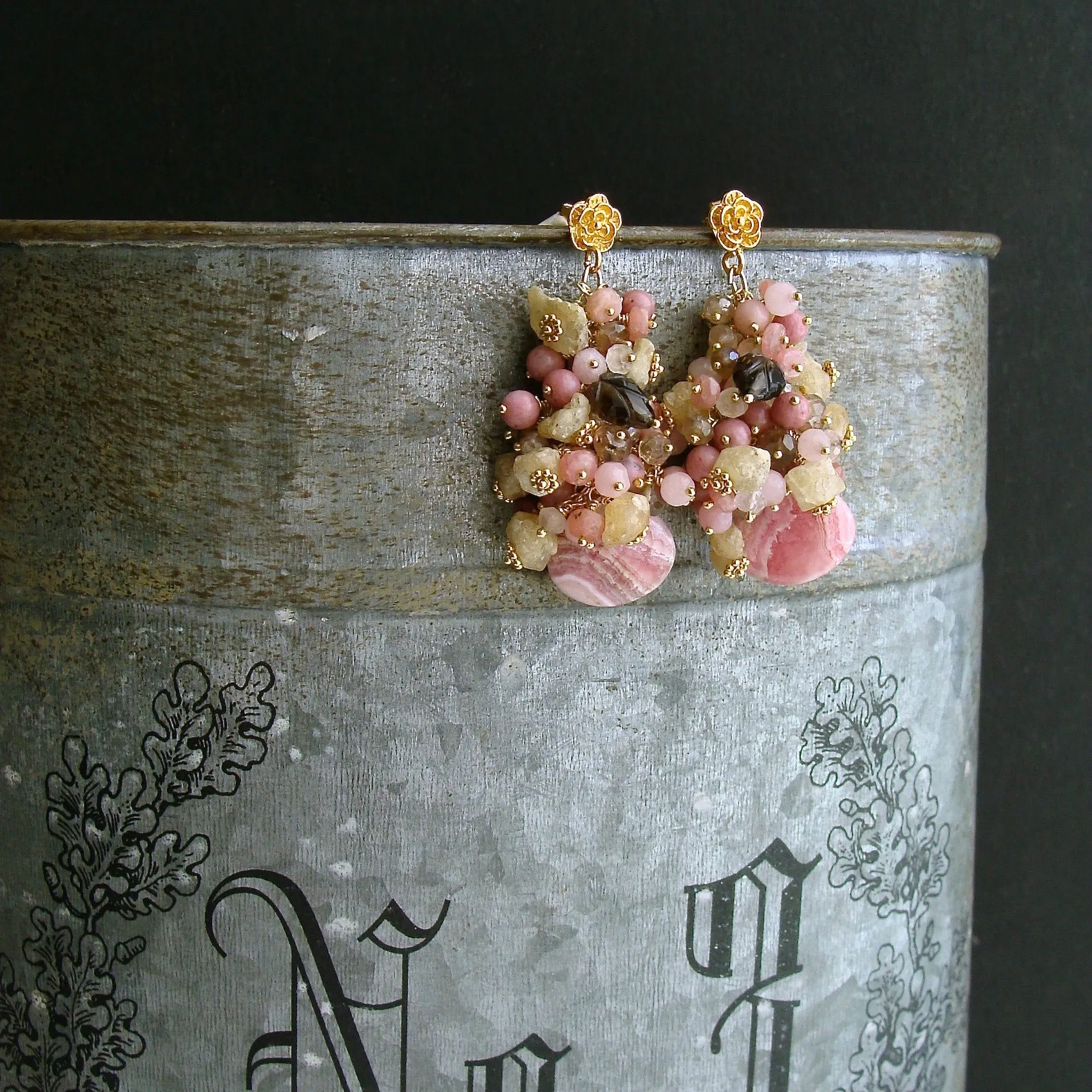 Rhodochrosite Champagne Topaz Rhodonite Smokey Quartz Rhodonite - Fleurs XIX Earrings