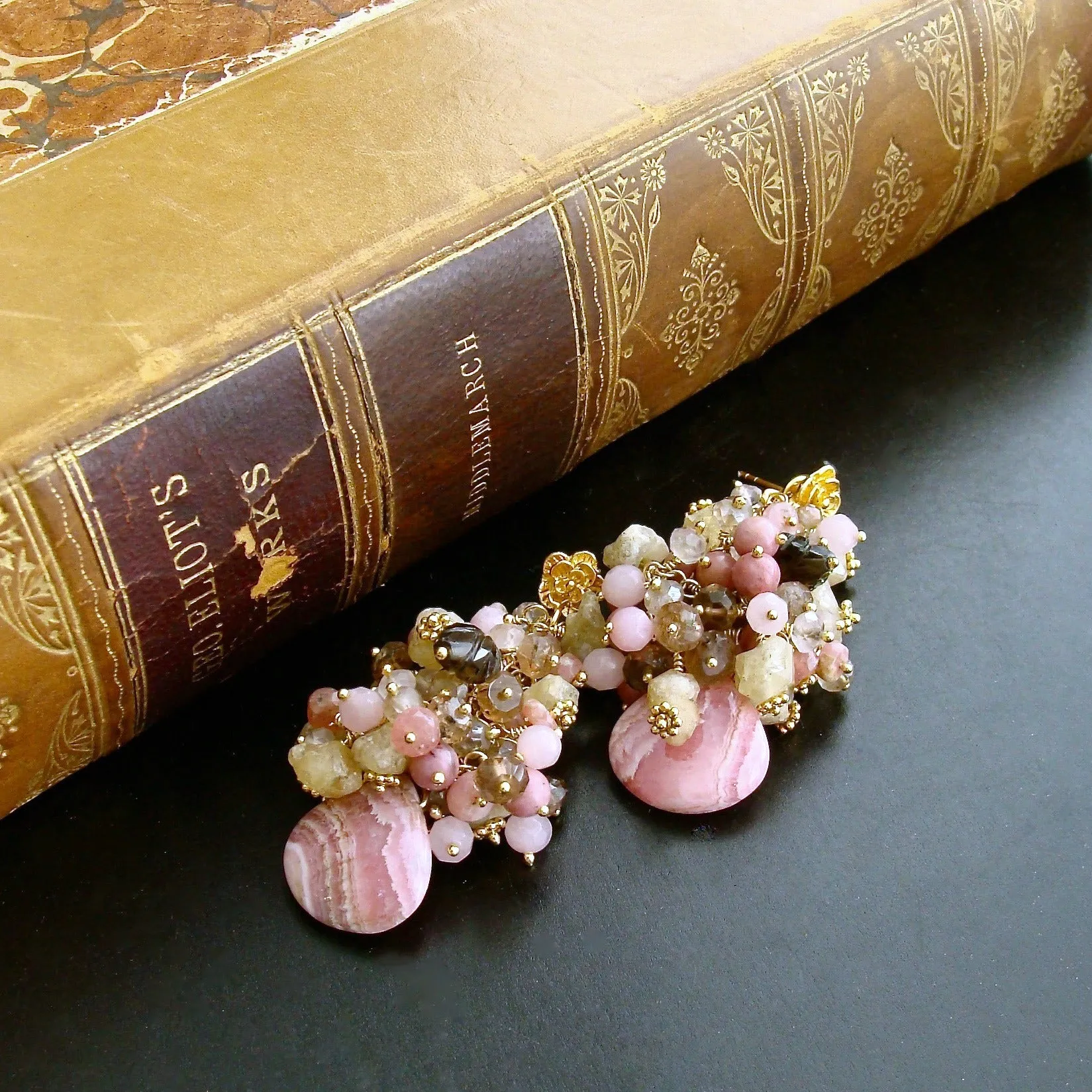 Rhodochrosite Champagne Topaz Rhodonite Smokey Quartz Rhodonite - Fleurs XIX Earrings