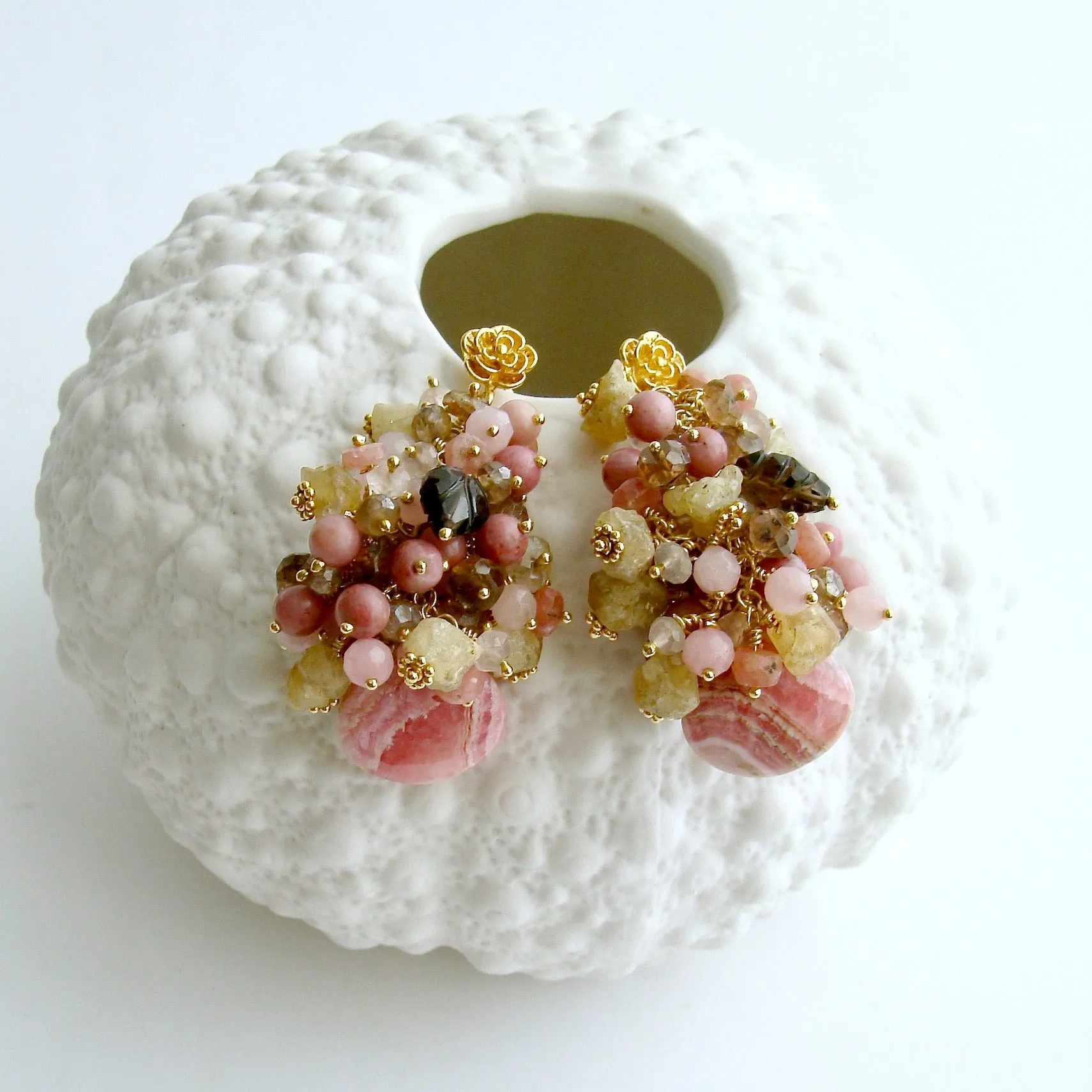Rhodochrosite Champagne Topaz Rhodonite Smokey Quartz Rhodonite - Fleurs XIX Earrings