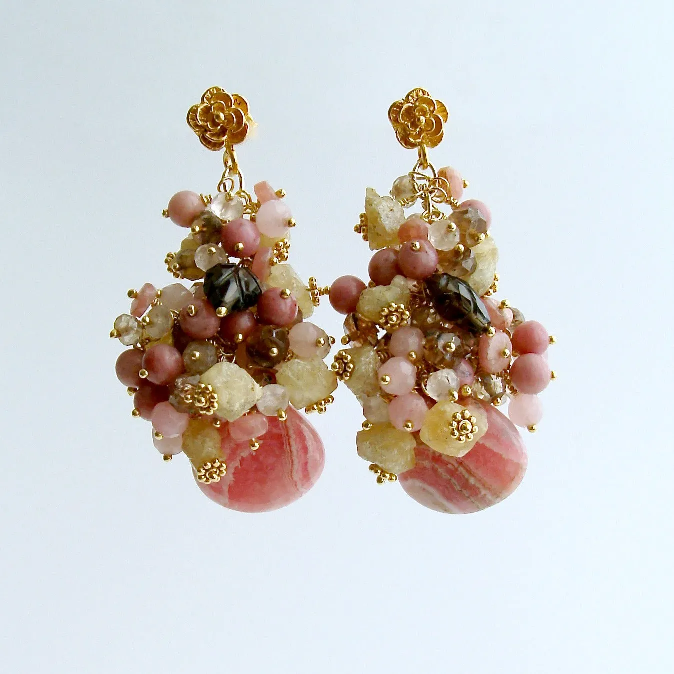 Rhodochrosite Champagne Topaz Rhodonite Smokey Quartz Rhodonite - Fleurs XIX Earrings