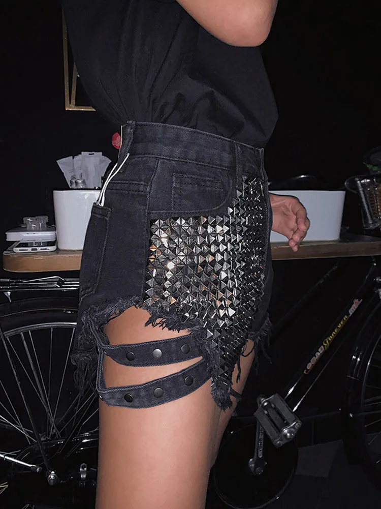 Rivet Denim Shorts hollow out