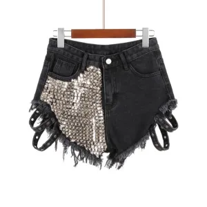 Rivet Denim Shorts hollow out