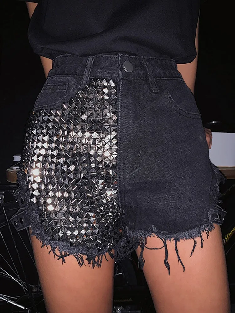 Rivet Denim Shorts hollow out