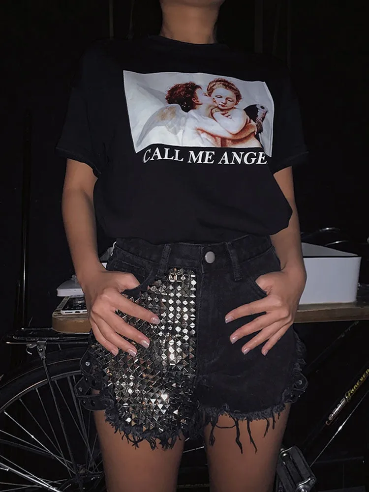 Rivet Denim Shorts hollow out