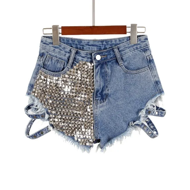 Rivet Denim Shorts hollow out