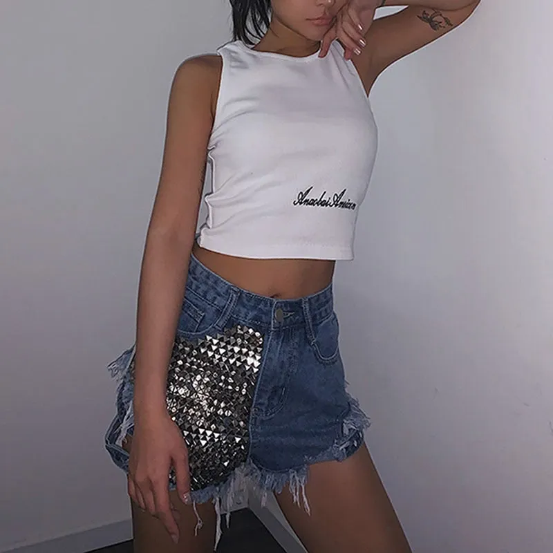 Rivet Denim Shorts hollow out