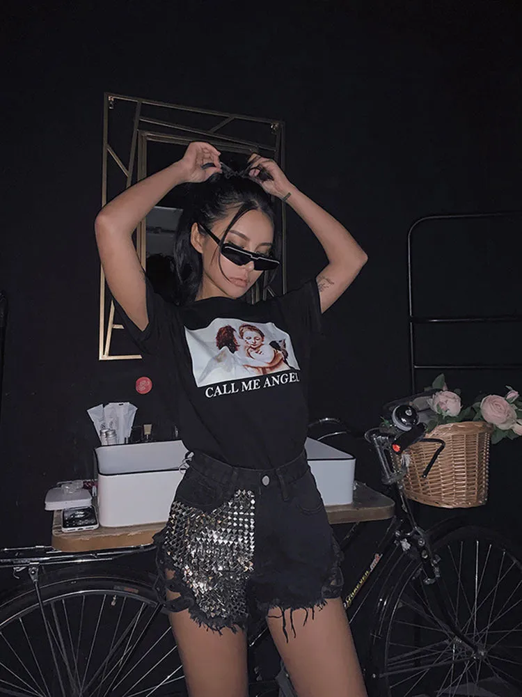 Rivet Denim Shorts hollow out