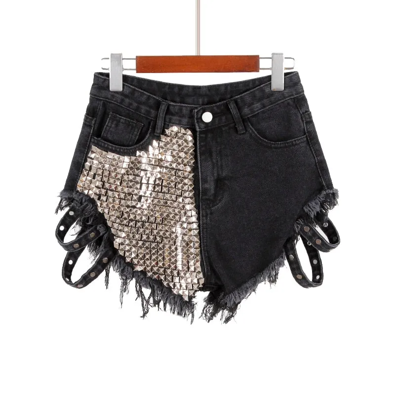Rivet Denim Shorts hollow out