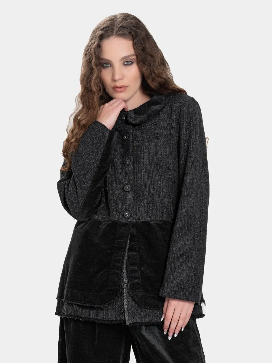 Round Collar Jacket with Velvet Patchwork