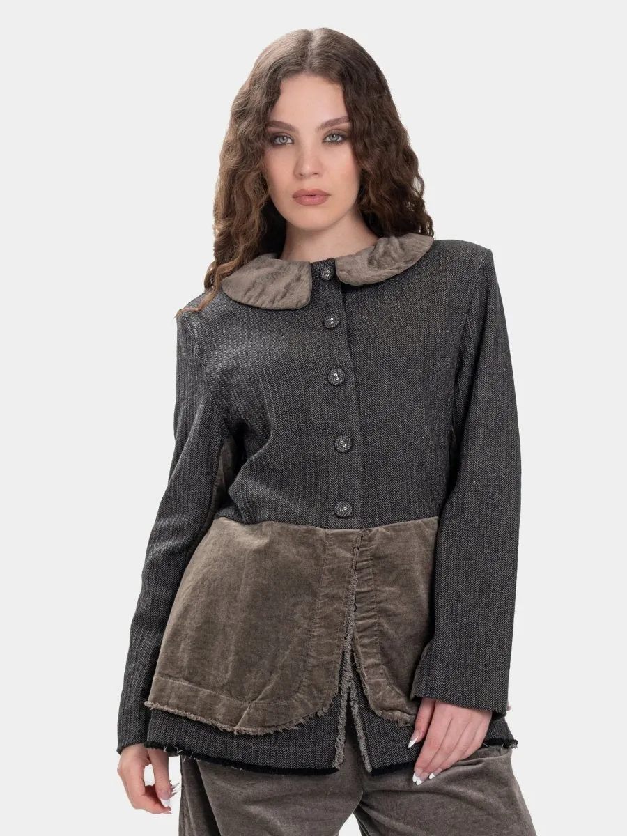 Round Collar Jacket with Velvet Patchwork