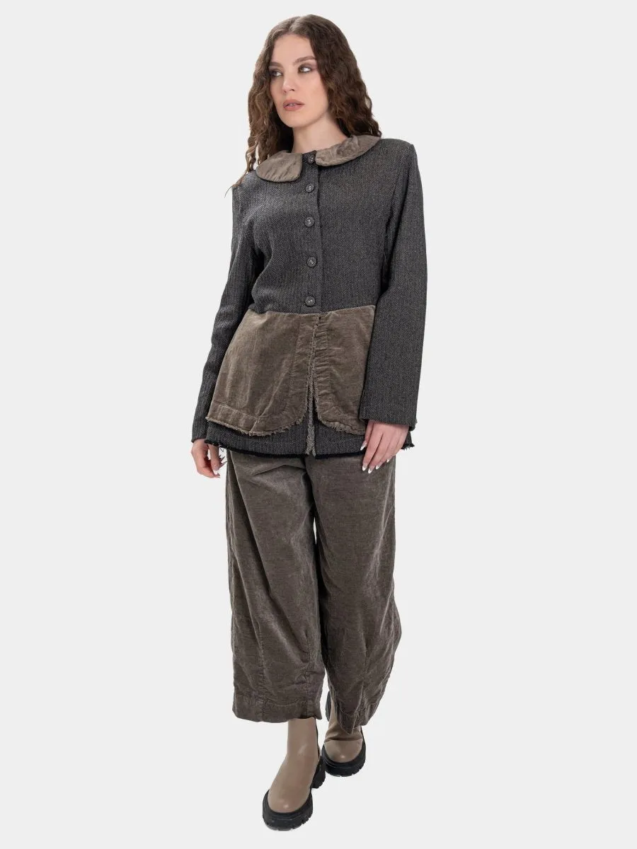 Round Collar Jacket with Velvet Patchwork